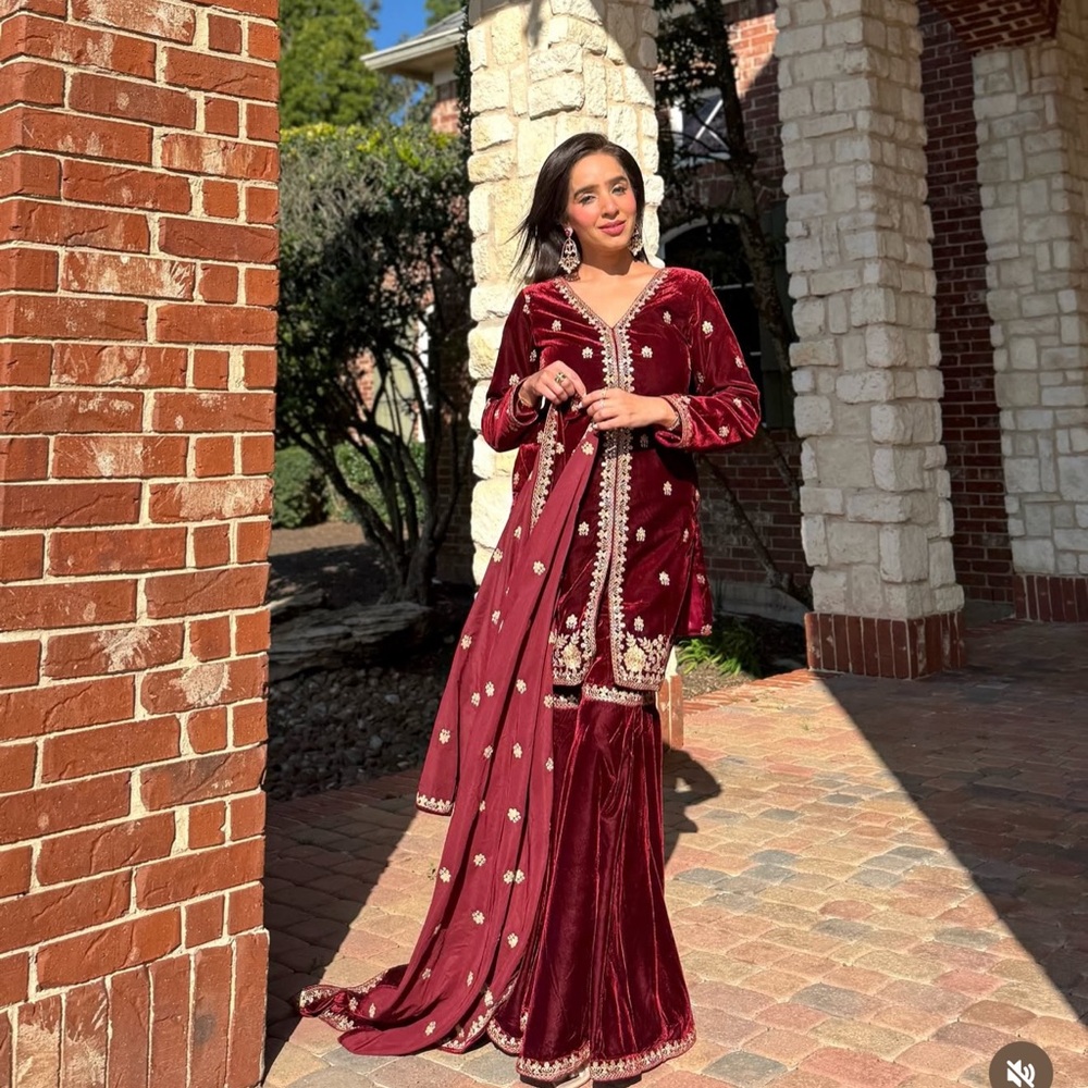 Maroon Velvet Embroidered Two-Piece Set with Dupatta